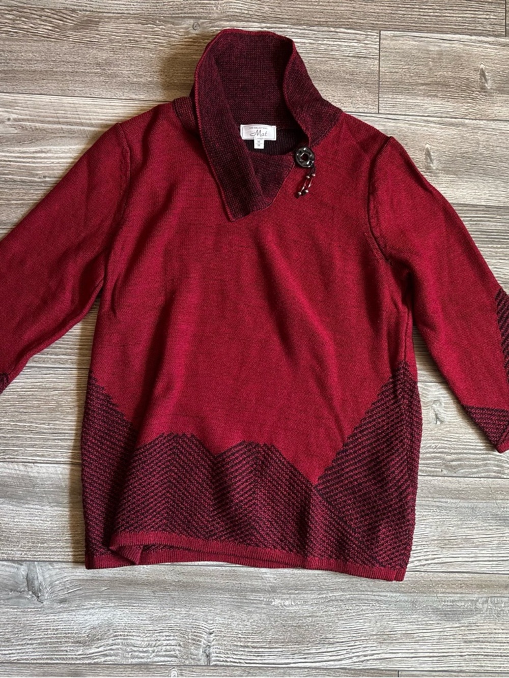 MIA Burgundy Red Shawl-Collar Knit Sweater with Broch Accent